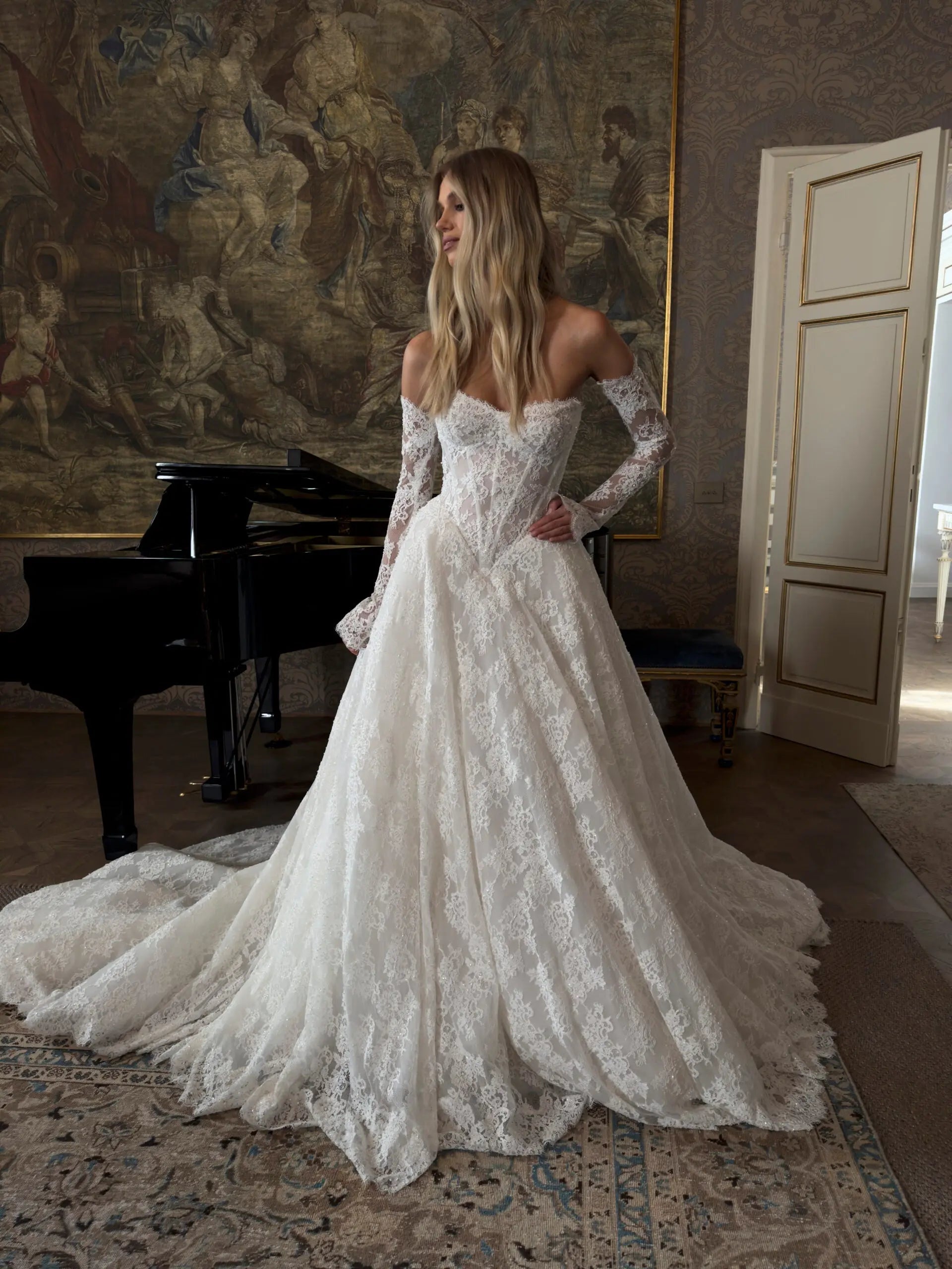 Elegant White Off-the-Shoulder Long Sleeve Lace Corset Wedding Dress SW213
