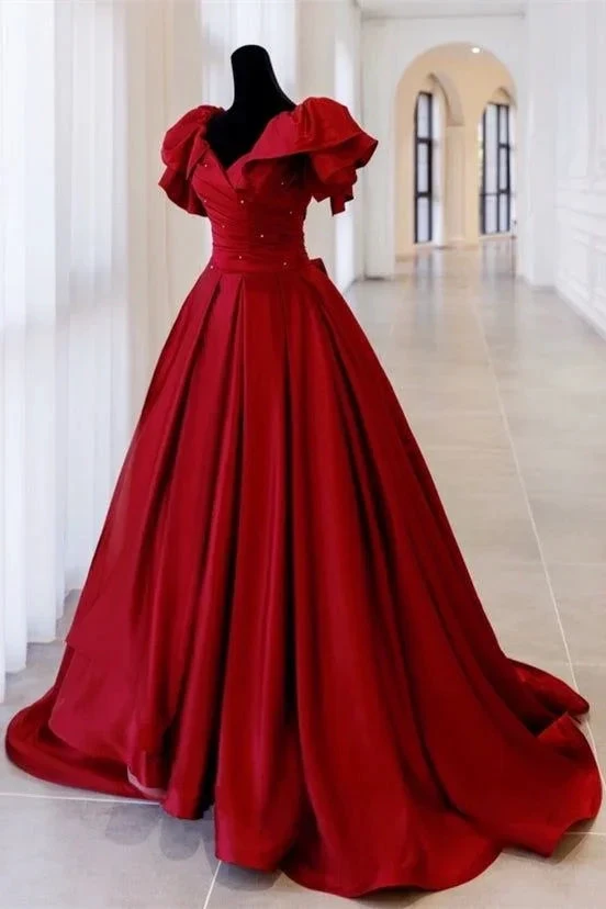 Red Ball Gown with Bell Sleeves and Lace UP Back Y6067 by simplepromdress
