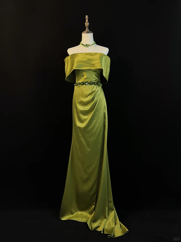 Classy Olive Green Satin Off The Shoulder Slit Prom Dress Slit Mermaid Evening Dress Y8650