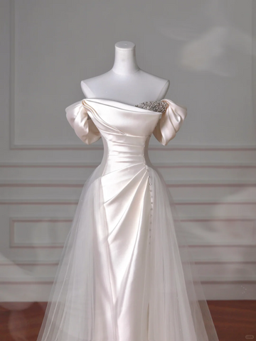 Elegantes weißes schulterfreies Satin-Meerjungfrauen-Abendkleid mit Perlen, formelles Ballkleid, Hochzeitskleid Y8617