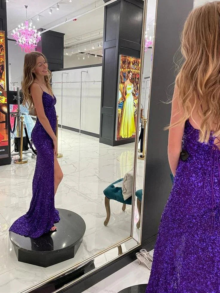 Mermaid V Neck Open Back Long Prom Dresses with Slit Sequins Formal Graduation Evening Gowns Y7398 by simplepromdress