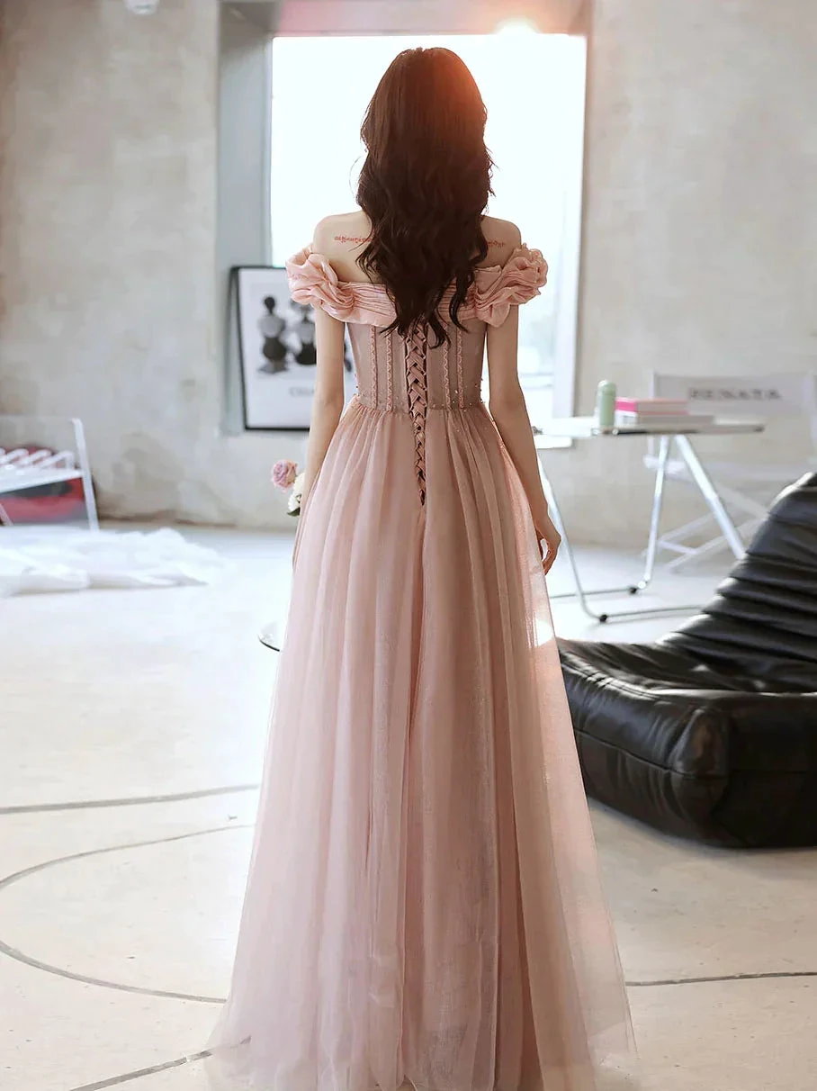 Pink Sweetheart Neck Tulle Beads Long Prom Dress, Pink Evening Dress,Y2406 by simplepromdress
