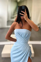 Light Blue Long Mermaid Evening Dress Strapless Split Y370 by simplepromdress
