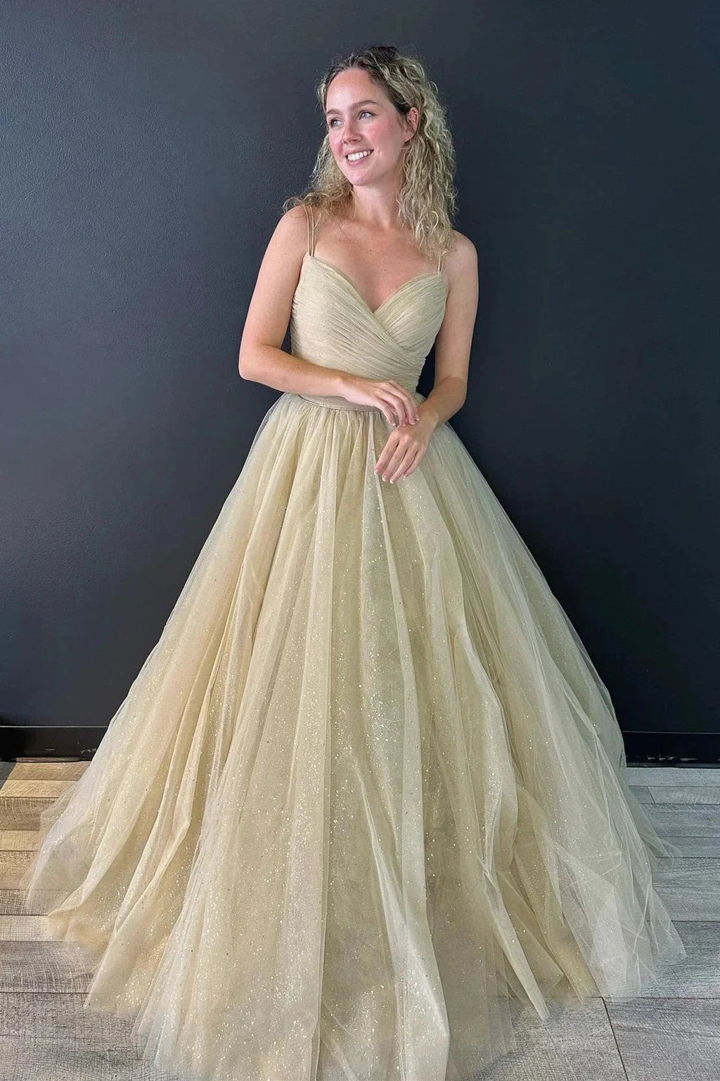 Nia |A line V Neck Glitter Tulle Prom Dress with Lace up Back by KissProm