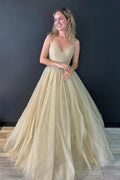 Nia |A line V Neck Glitter Tulle Prom Dress with Lace up Back by KissProm