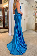 Shelby| Mermaid Spaghetti Strap V-Neck Satin Prom Dress with Slit by KissProm