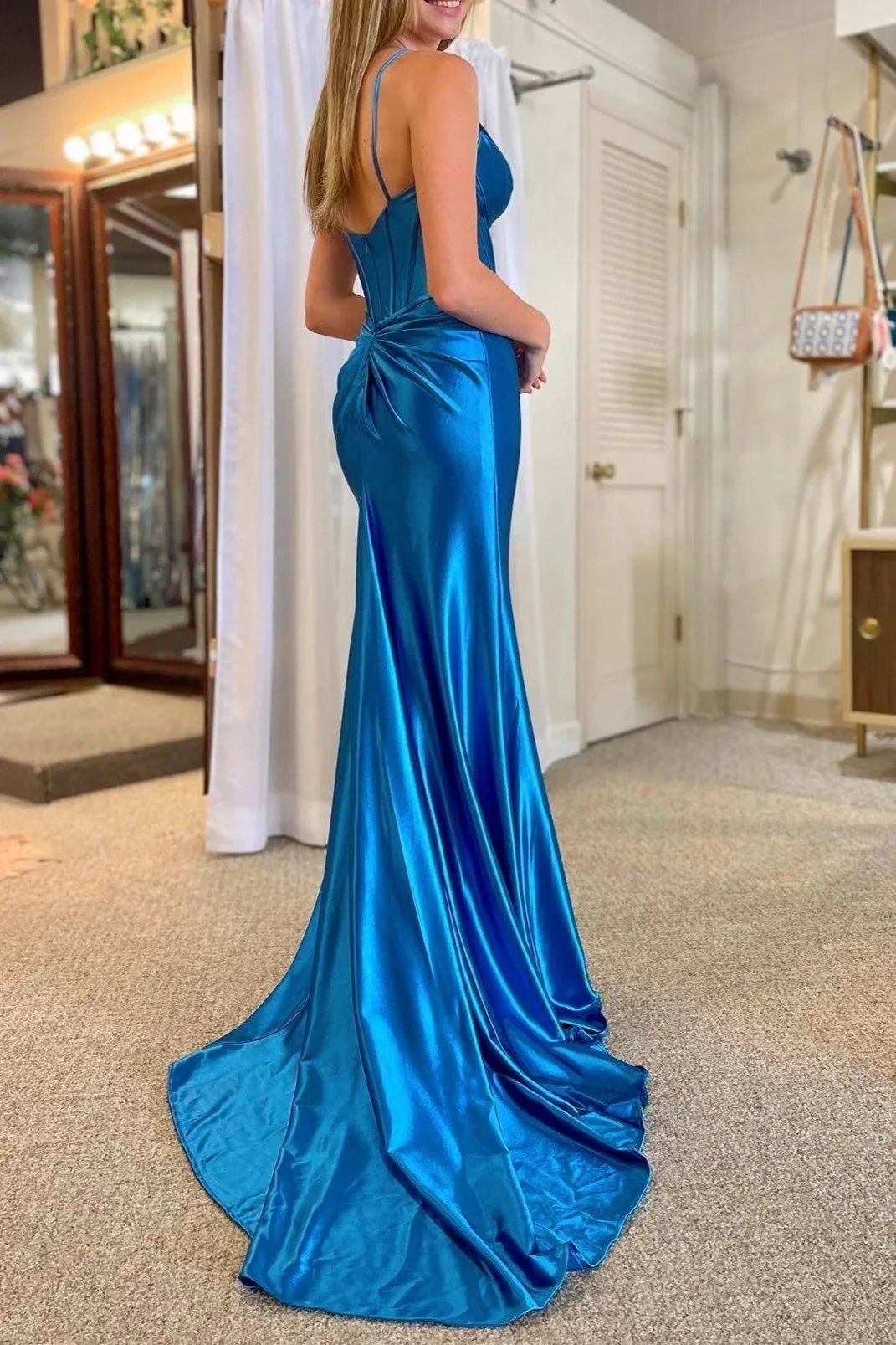 Shelby| Mermaid Spaghetti Strap V-Neck Satin Prom Dress with Slit by KissProm