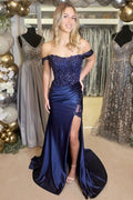Gwen | Navy Blue Appliques Off-the-Shoulder Long Prom Dress with Slit by KissProm
