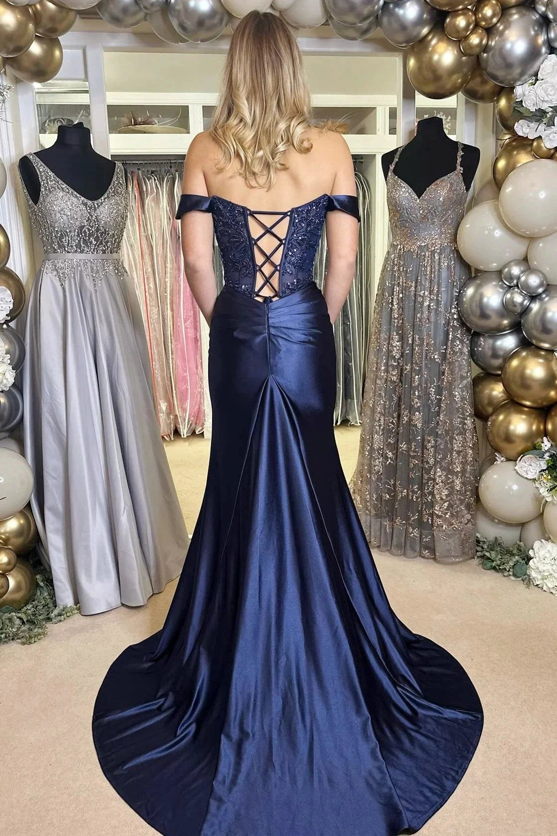 Gwen | Navy Blue Appliques Off-the-Shoulder Long Prom Dress with Slit by KissProm