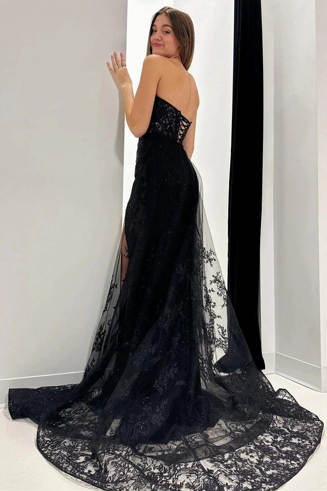 Giuliana | Black Lace Strapless Long Formal Dress with Attached Train by KissProm