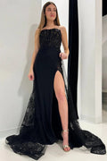 Giuliana | Black Lace Strapless Long Formal Dress with Attached Train by KissProm