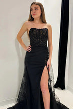 Giuliana | Black Lace Strapless Long Formal Dress with Attached Train by KissProm