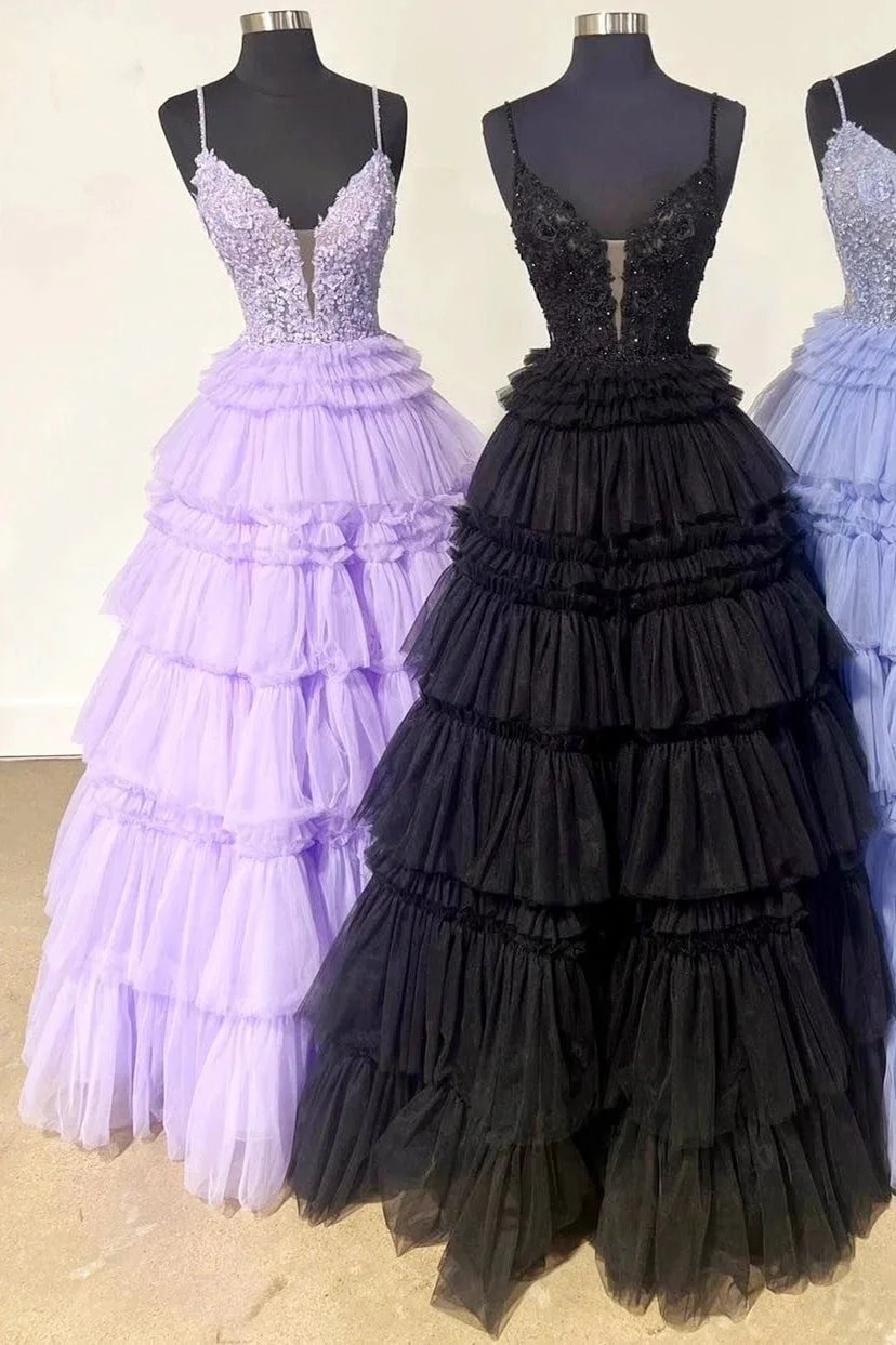 Hadlee | Black Beaded Spaghetti Strap Ruffle Tiered Ball Gown by KissProm