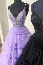 Hadlee | Black Beaded Spaghetti Strap Ruffle Tiered Ball Gown by KissProm