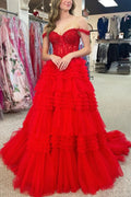 Elina | Red Tulle Off-the-Shoulder Ruffle Tiered Long Prom Dress by KissProm