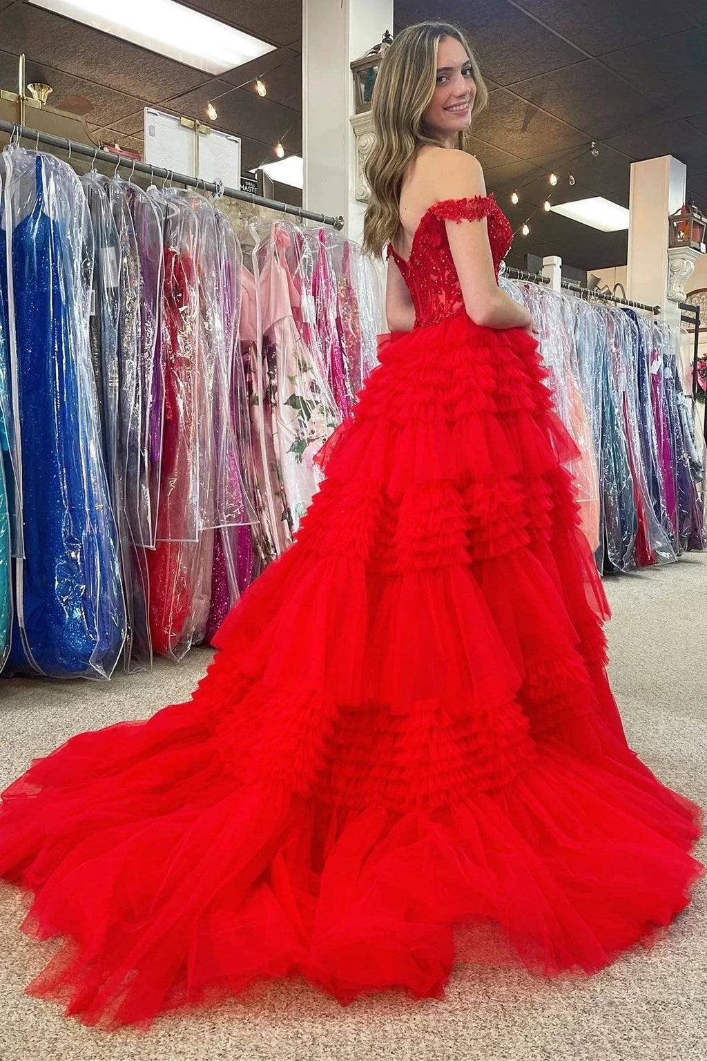 Elina | Red Tulle Off-the-Shoulder Ruffle Tiered Long Prom Dress by KissProm
