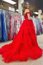 Elina | Red Tulle Off-the-Shoulder Ruffle Tiered Long Prom Dress by KissProm