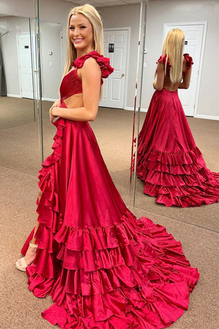 Brittany | Langes rotes A-Linien-Ballkleid mit Cut-outs und Rüschen und Schlitz