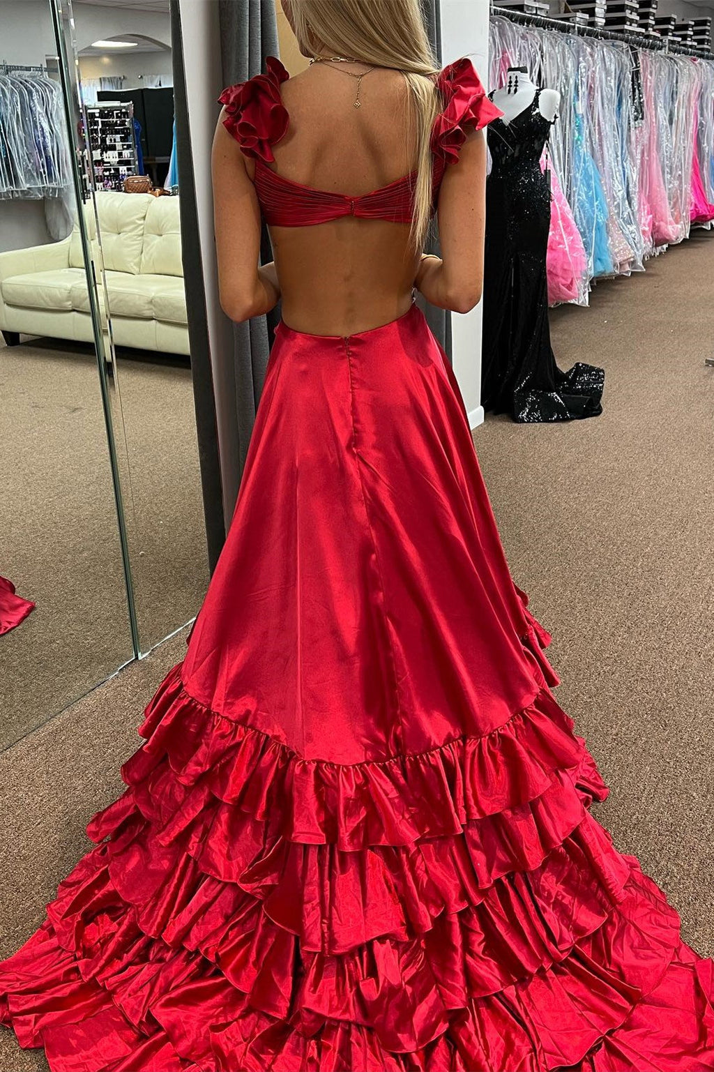 Brittany | Red Cutout Ruffle A-Line Long Prom Dress with Slit
