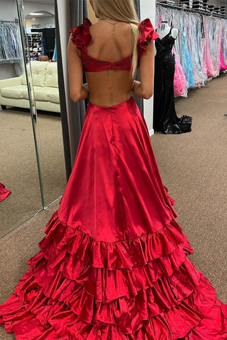 Brittany | Langes rotes A-Linien-Ballkleid mit Cut-outs und Rüschen und Schlitz