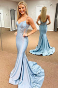Kamiyah | Blue V-Neck Sheer Side Trumpet Long Formal Dress by KissProm