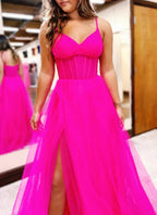 Galilea | Fuchsia V-Neck Sheer Bodice A-Line Long Prom Dress with Slit by KissProm