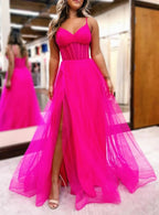 Galilea | Fuchsia V-Neck Sheer Bodice A-Line Long Prom Dress with Slit by KissProm