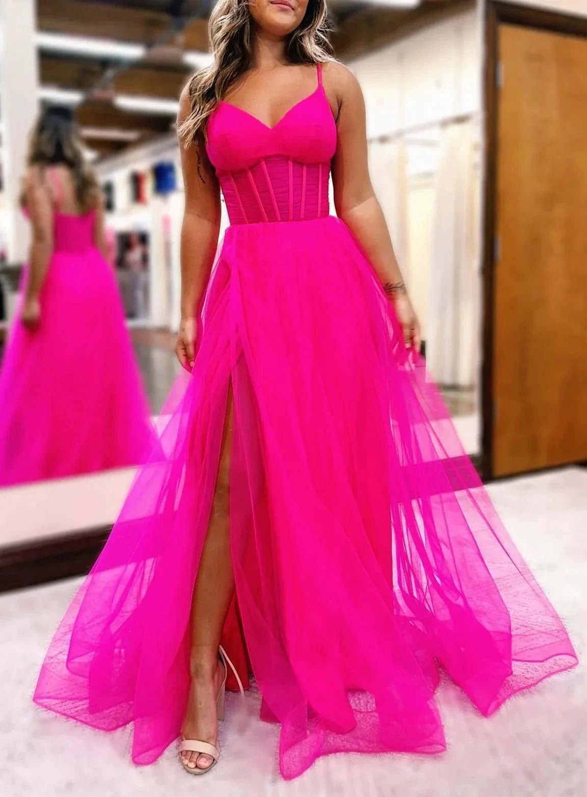 Galilea | Fuchsia V-Neck Sheer Bodice A-Line Long Prom Dress with Slit by KissProm