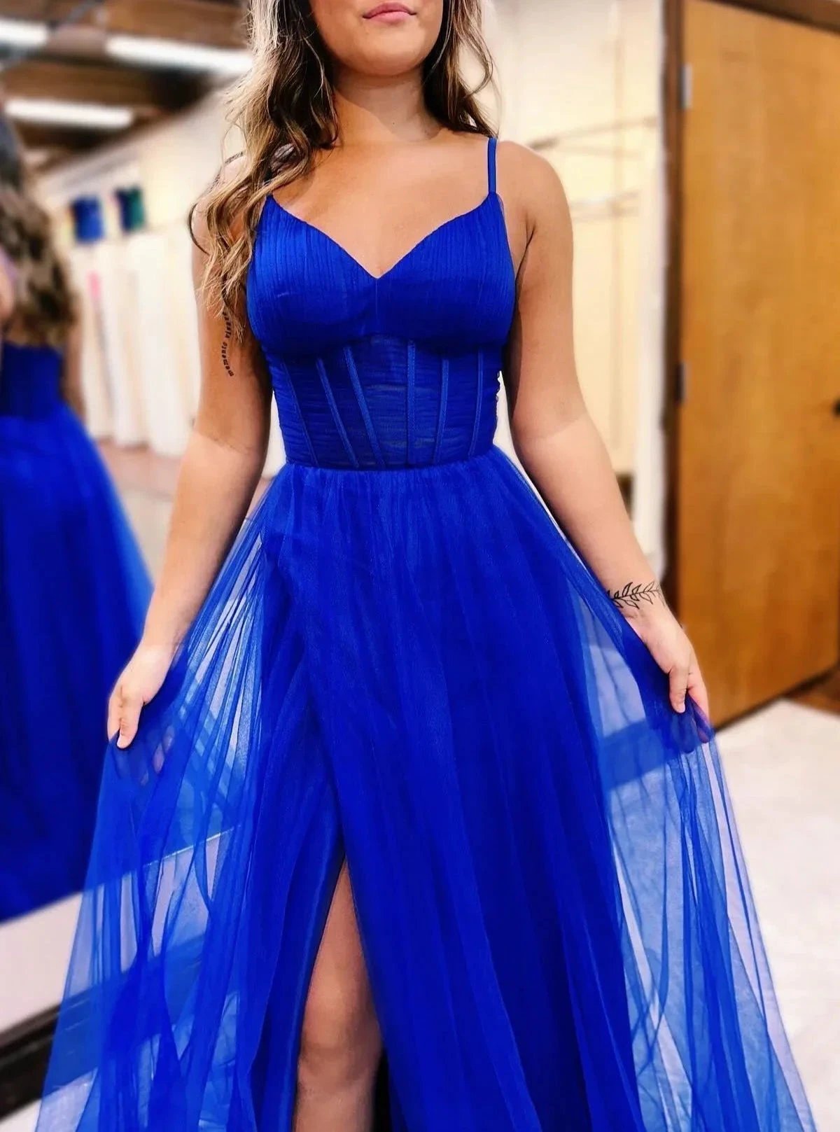 Galilea | Fuchsia V-Neck Sheer Bodice A-Line Long Prom Dress with Slit by KissProm
