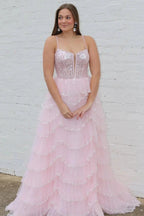 Abbie | Straps Black Mesh Cutout Sequined Layered Long Prom Dress by KissProm