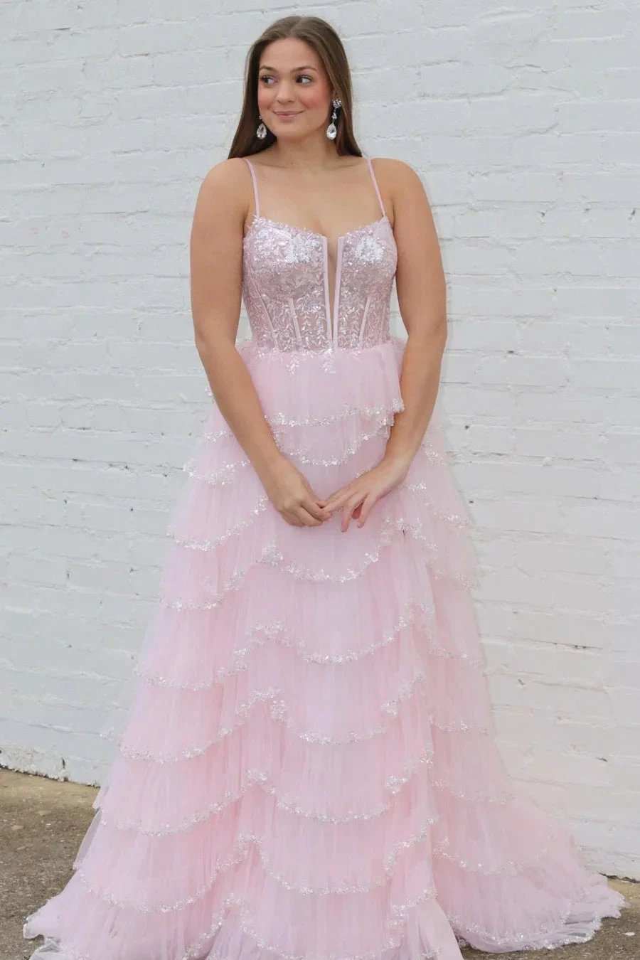 Abbie | Straps Black Mesh Cutout Sequined Layered Long Prom Dress by KissProm