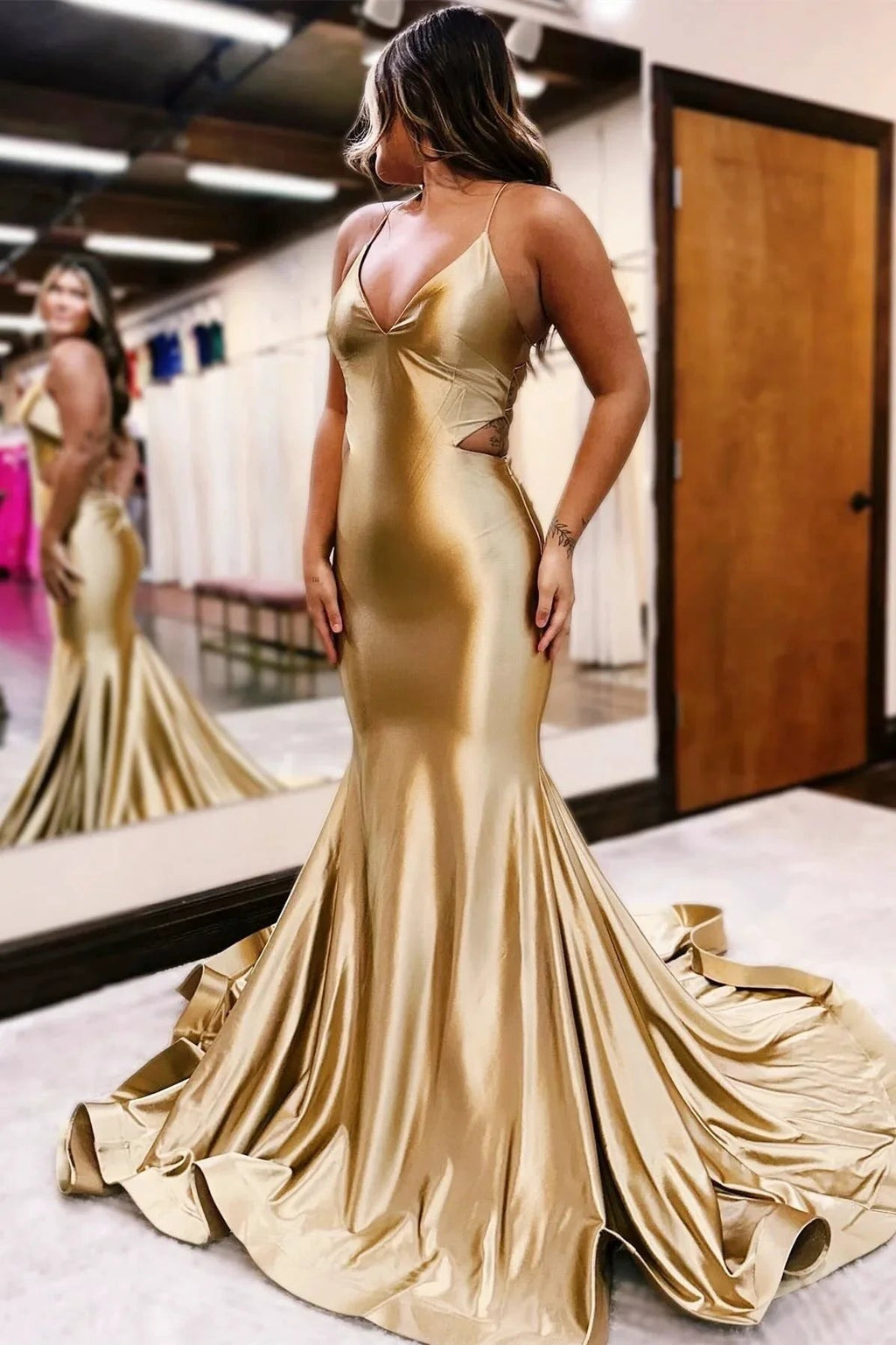 Gold V-Neck Lace-Up Trumpet Long Formal Dress by KissProm