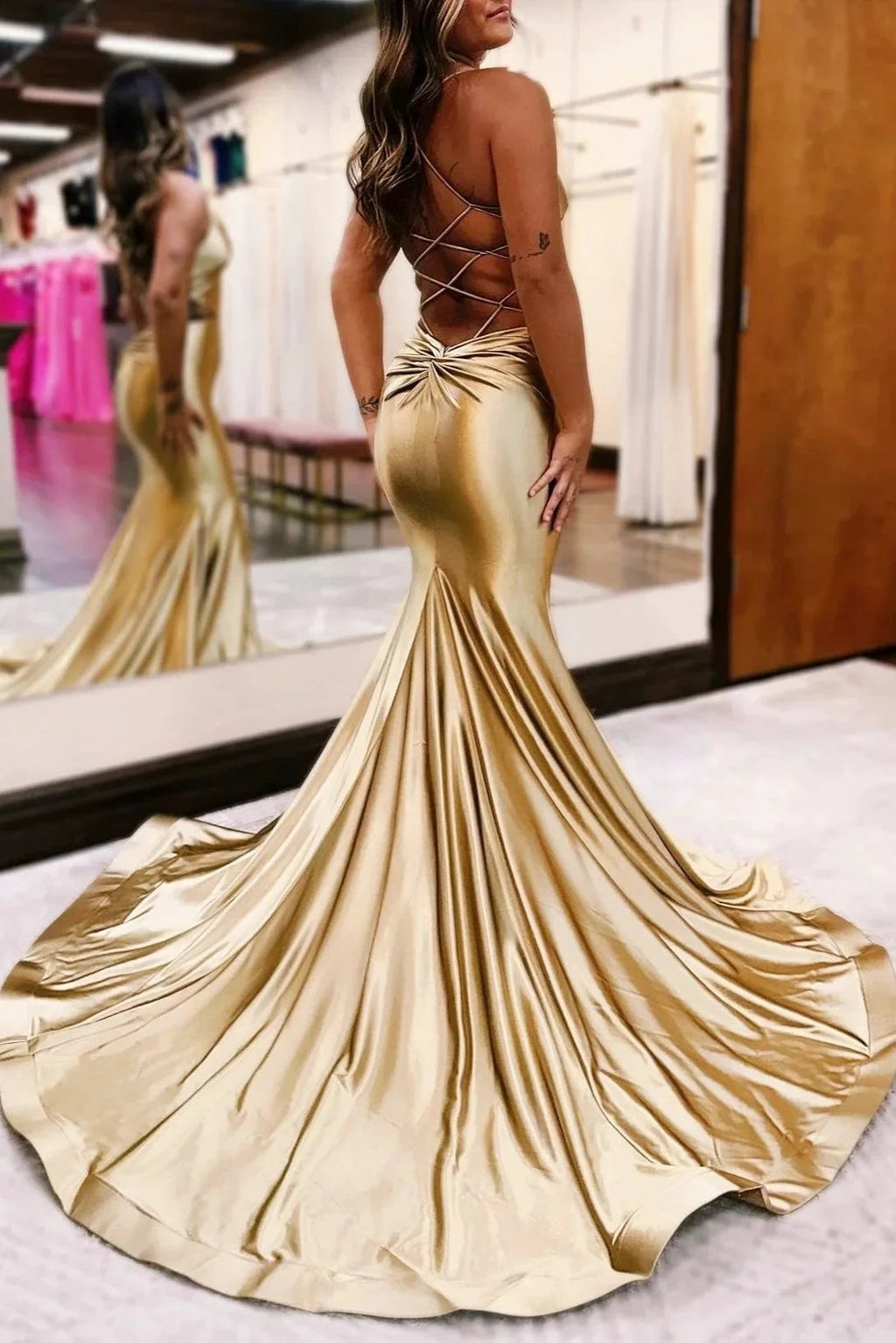 Gold V-Neck Lace-Up Trumpet Long Formal Dress by KissProm