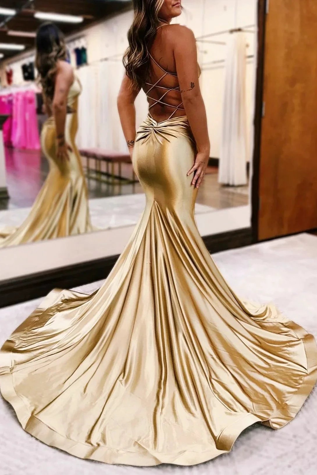 Gold V-Neck Lace-Up Trumpet Long Formal Dress by KissProm