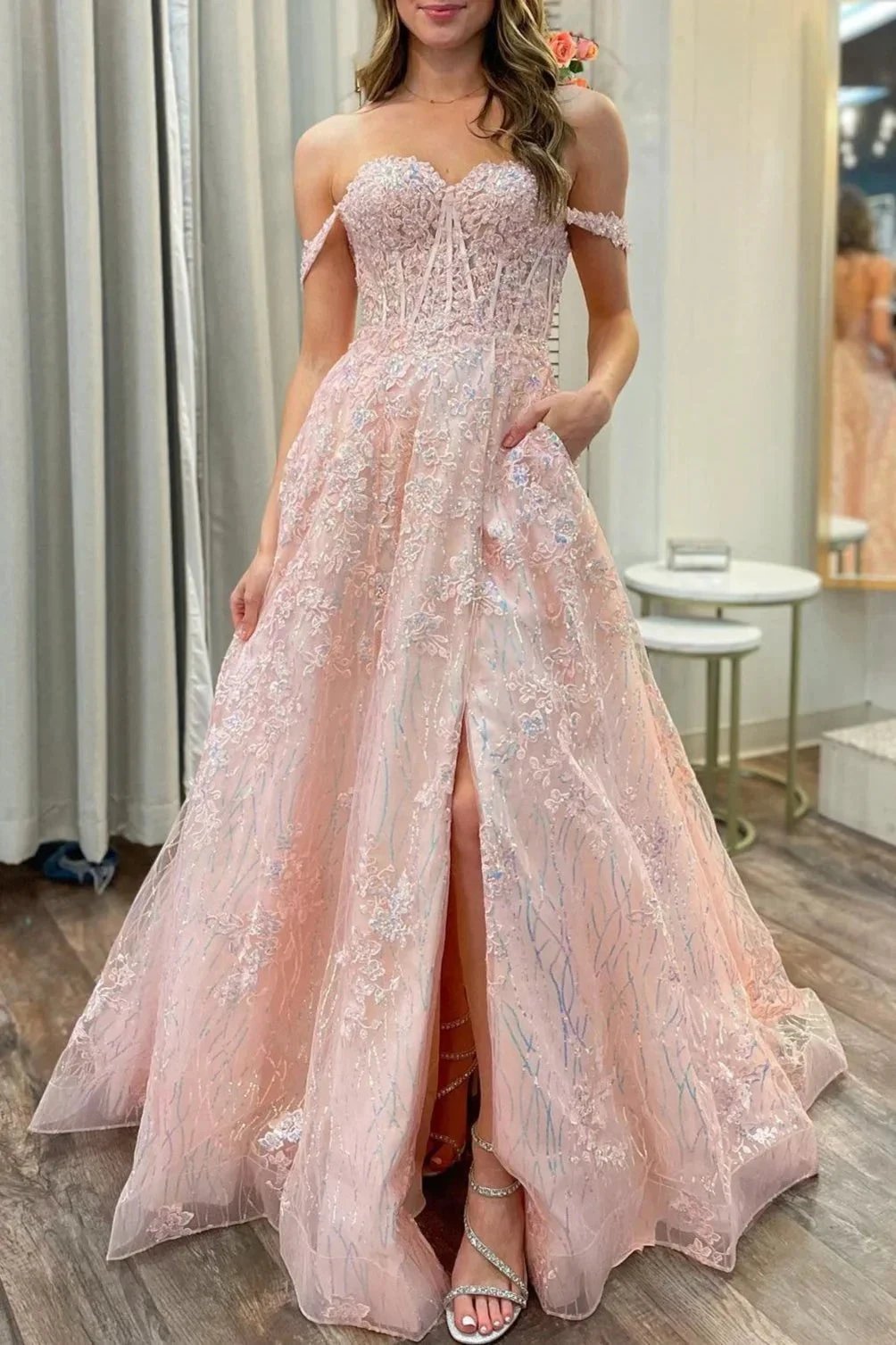 Sally | Pink Appliques Off-the-Shoulder A-Line Long Prom Dress by KissProm