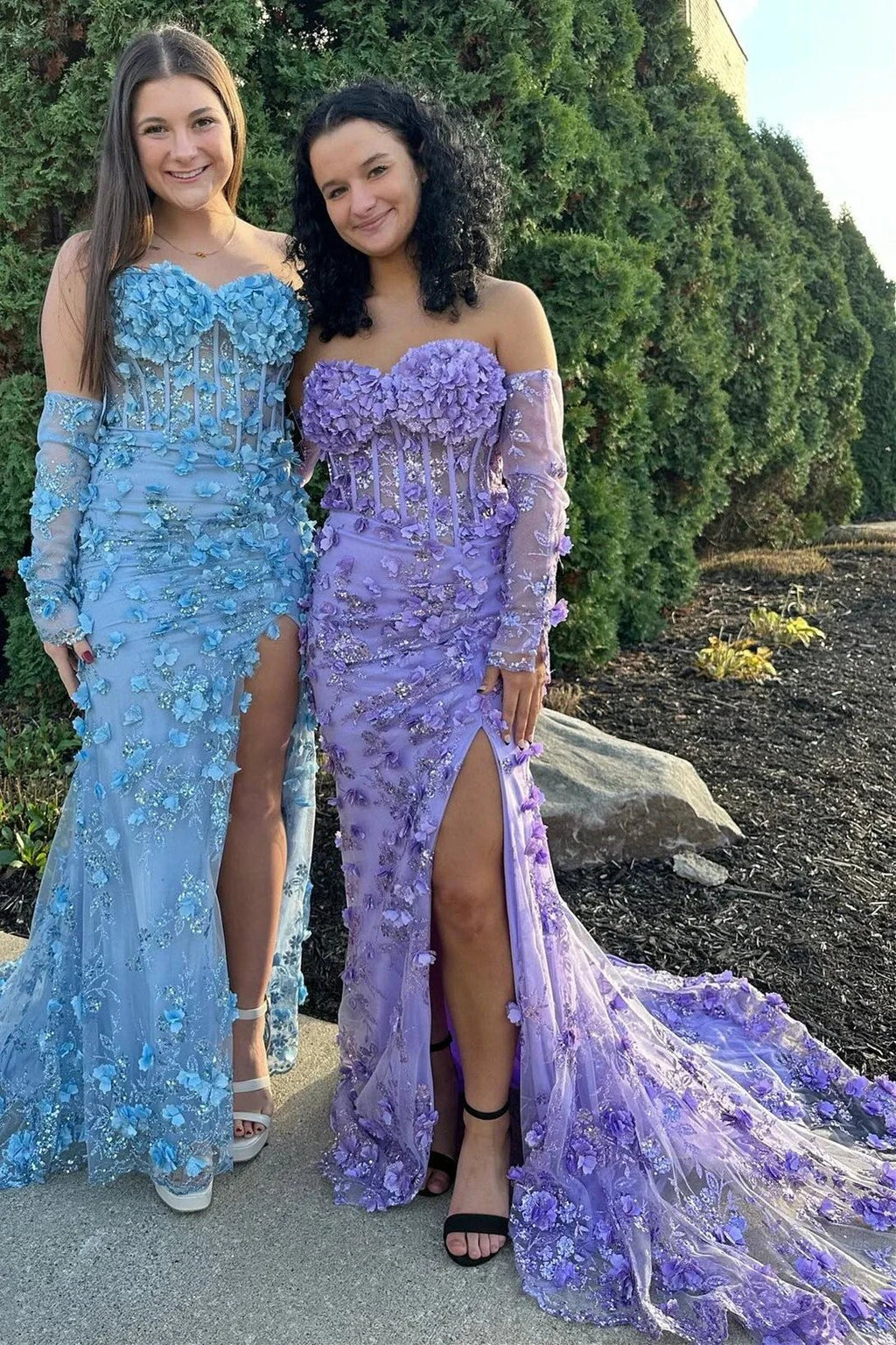 Dayana | 3D Floral Lace Strapless Long Prom Dress with Detachable Sleeves by KissProm