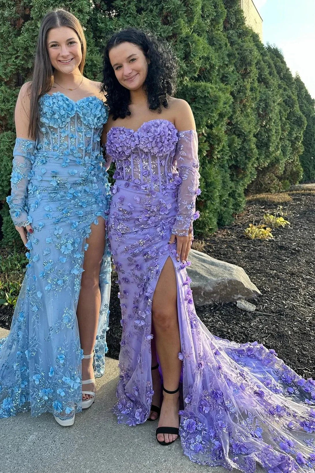 Dayana | 3D Floral Lace Strapless Long Prom Dress with Detachable Sleeves by KissProm