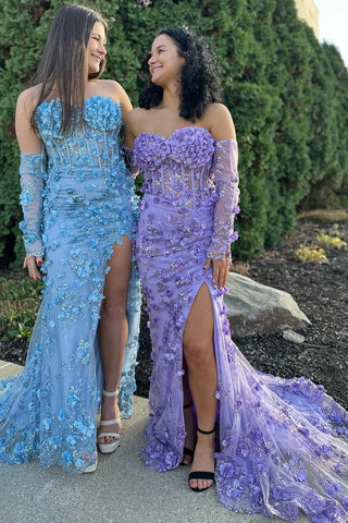Dayana | Langes, trägerloses Ballkleid aus 3D-Blumenspitze mit abnehmbaren Ärmeln