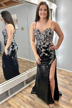 Charleigh | Black Sequin Appliques Spaghetti Strap Long Prom Dress with Slit by KissProm