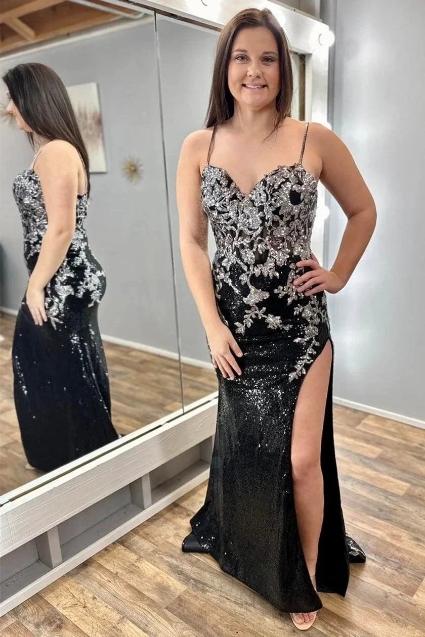 Charleigh | Black Sequin Appliques Spaghetti Strap Long Prom Dress with Slit by KissProm
