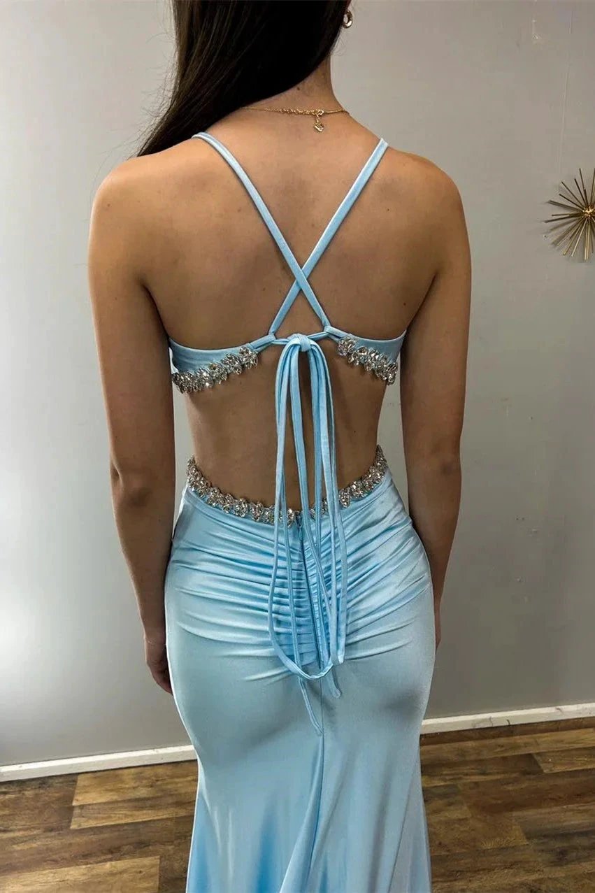 Meredith | Light Blue V-Neck Cutout Rhinestone Mermaid Long Formal Dress by KissProm