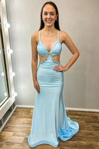 Meredith | Light Blue V-Neck Cutout Rhinestone Mermaid Long Formal Dress by KissProm