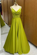 Carter | Olive Green Cowl Neck Chain Strap A-Line Long Prom Dress by KissProm