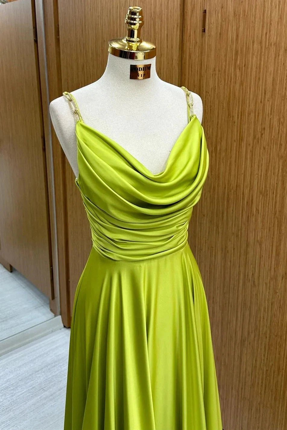 Carter | Olive Green Cowl Neck Chain Strap A-Line Long Prom Dress by KissProm