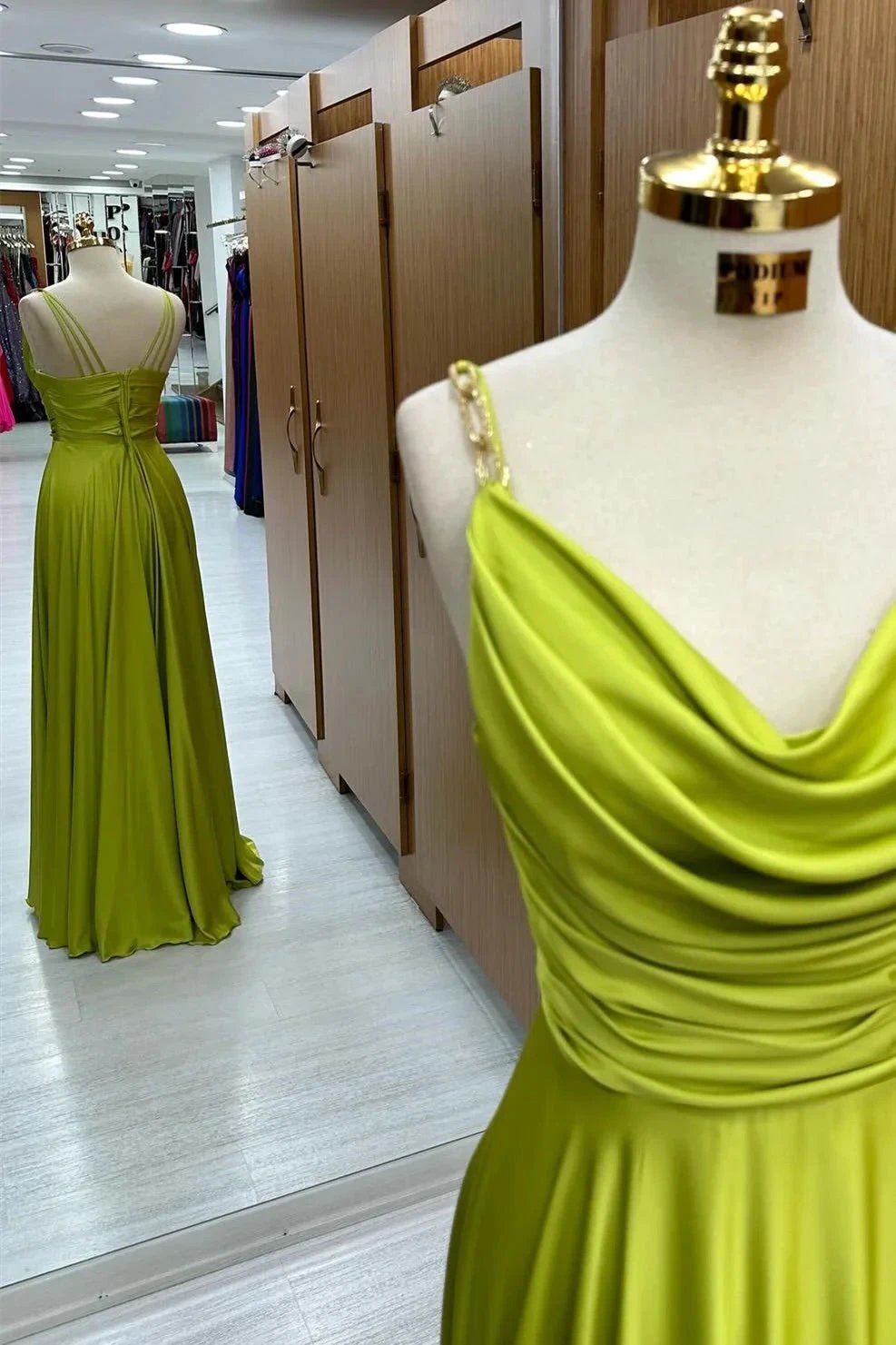 Carter | Olive Green Cowl Neck Chain Strap A-Line Long Prom Dress by KissProm