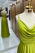 Carter | Olive Green Cowl Neck Chain Strap A-Line Long Prom Dress by KissProm