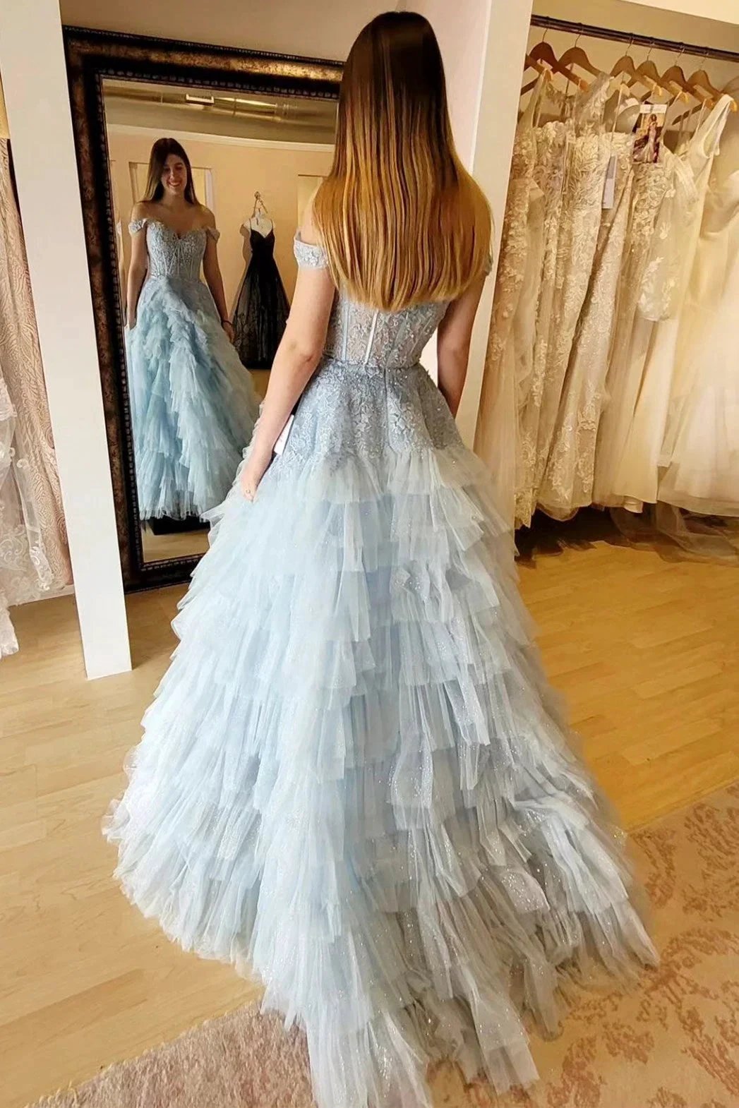 Oaklyn | Light Blue Appliques Off-the-Shoulder Ruffle Tiered Long Prom Dress by KissProm