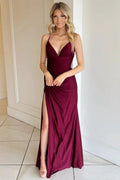 Rochelle | Burgundy V-Neck Lace-Up Long Formal Dress with Slit by KissProm
