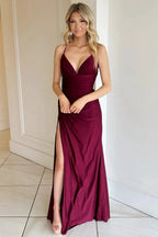 Rochelle | Burgundy V-Neck Lace-Up Long Formal Dress with Slit by KissProm