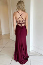 Rochelle | Burgundy V-Neck Lace-Up Long Formal Dress with Slit by KissProm